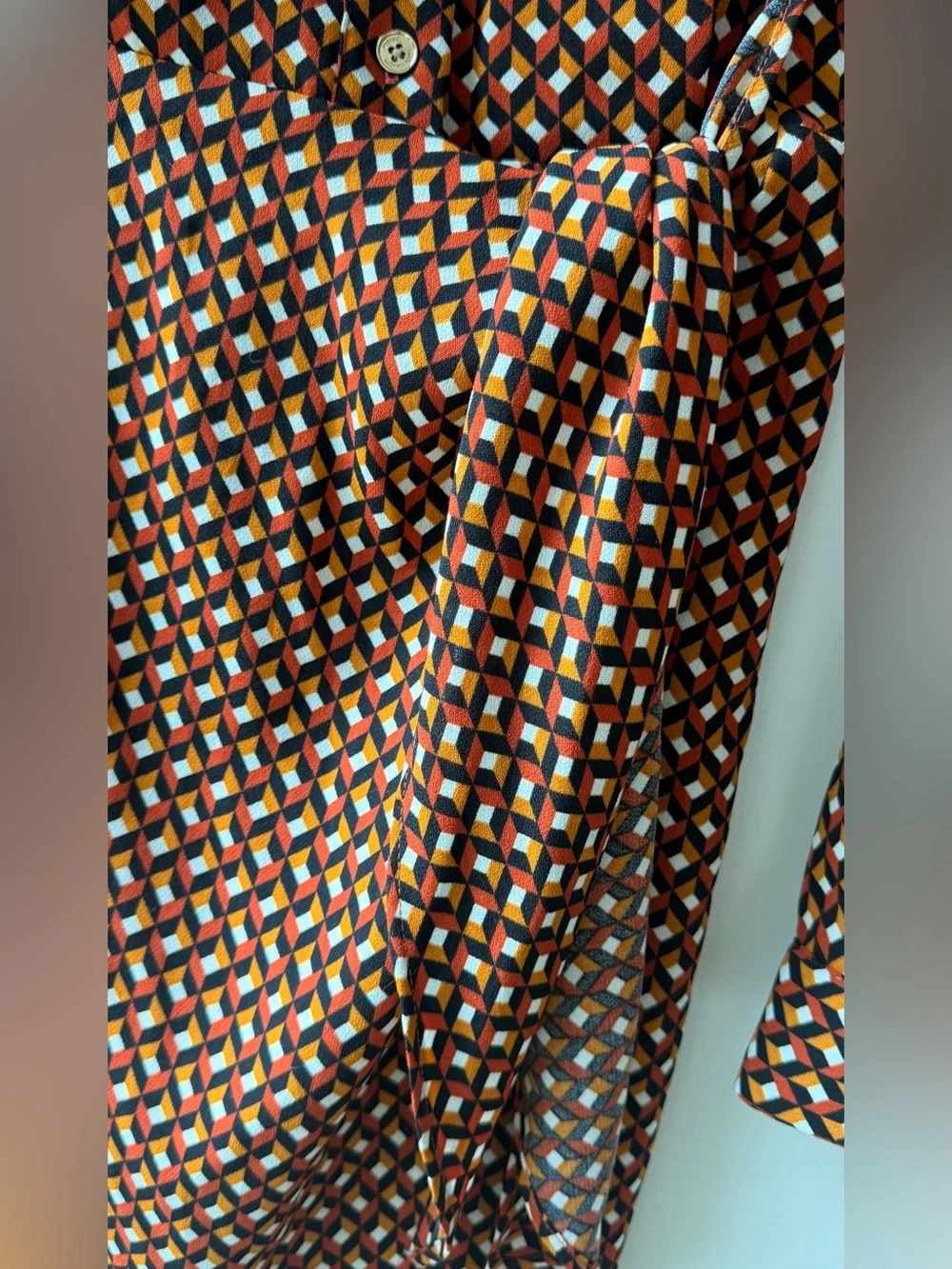 Michael Kors Long-Sleeve Geometric Shirt Dress in Brown & Rust